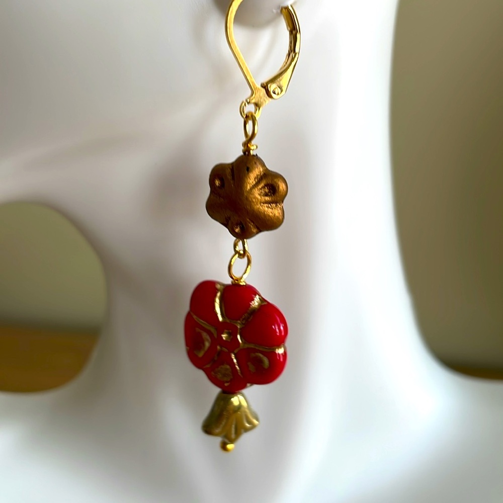 HAND CRAFTED PIERCED EARRINGS Red Gold Bronze Czech Glass Dangling Floral